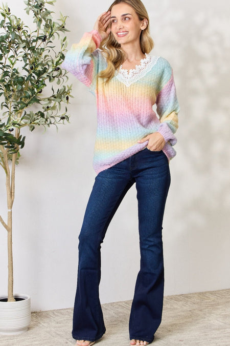 BiBi Rainbow Gradient Crochet Deetail Sweater - S. M. & Co. Crochet Sweater