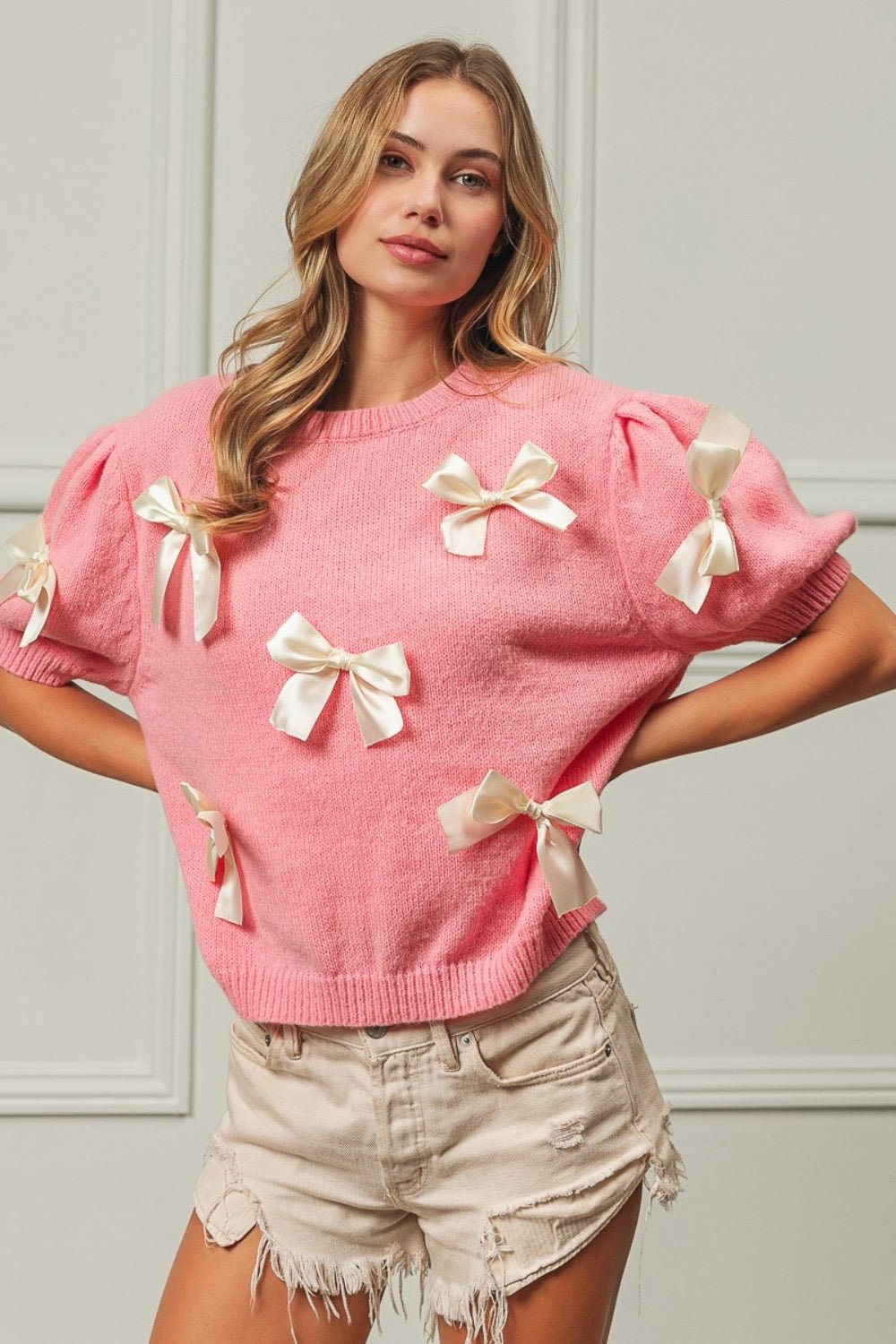 BiBi Ribbon Bow Detail Puff Sleeve Sweater - S. M. & Co. Puff Sleeve Sweater