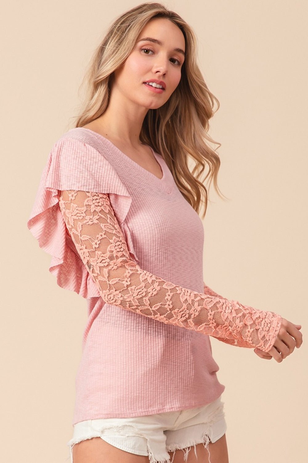 BiBi Ruffled Lace Sleeve Rib Knit Top - S. M. & Co. Tops/Blouses & Shirts