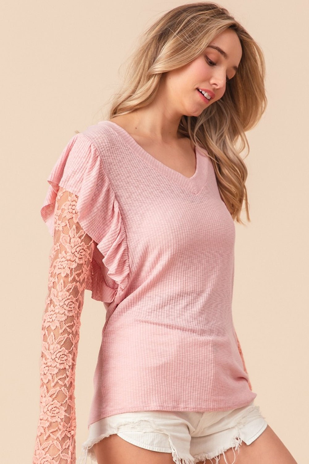 BiBi Ruffled Lace Sleeve Rib Knit Top - S. M. & Co. Tops/Blouses & Shirts