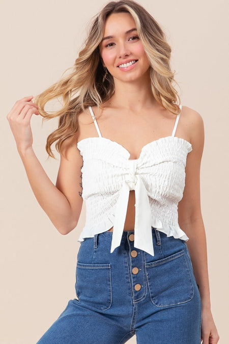 BiBi Ruffled Smocked Ribbon Detail Cami - S. M. & Co. Tops