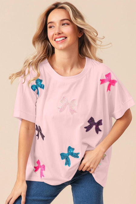 BiBi Sequin Bow Patch Short Sleeve T-Shirt - S. M. & Co. T-Shirts