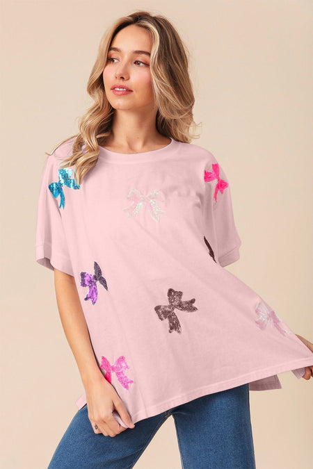 BiBi Sequin Bow Patch Short Sleeve T-Shirt - S. M. & Co. T-Shirts