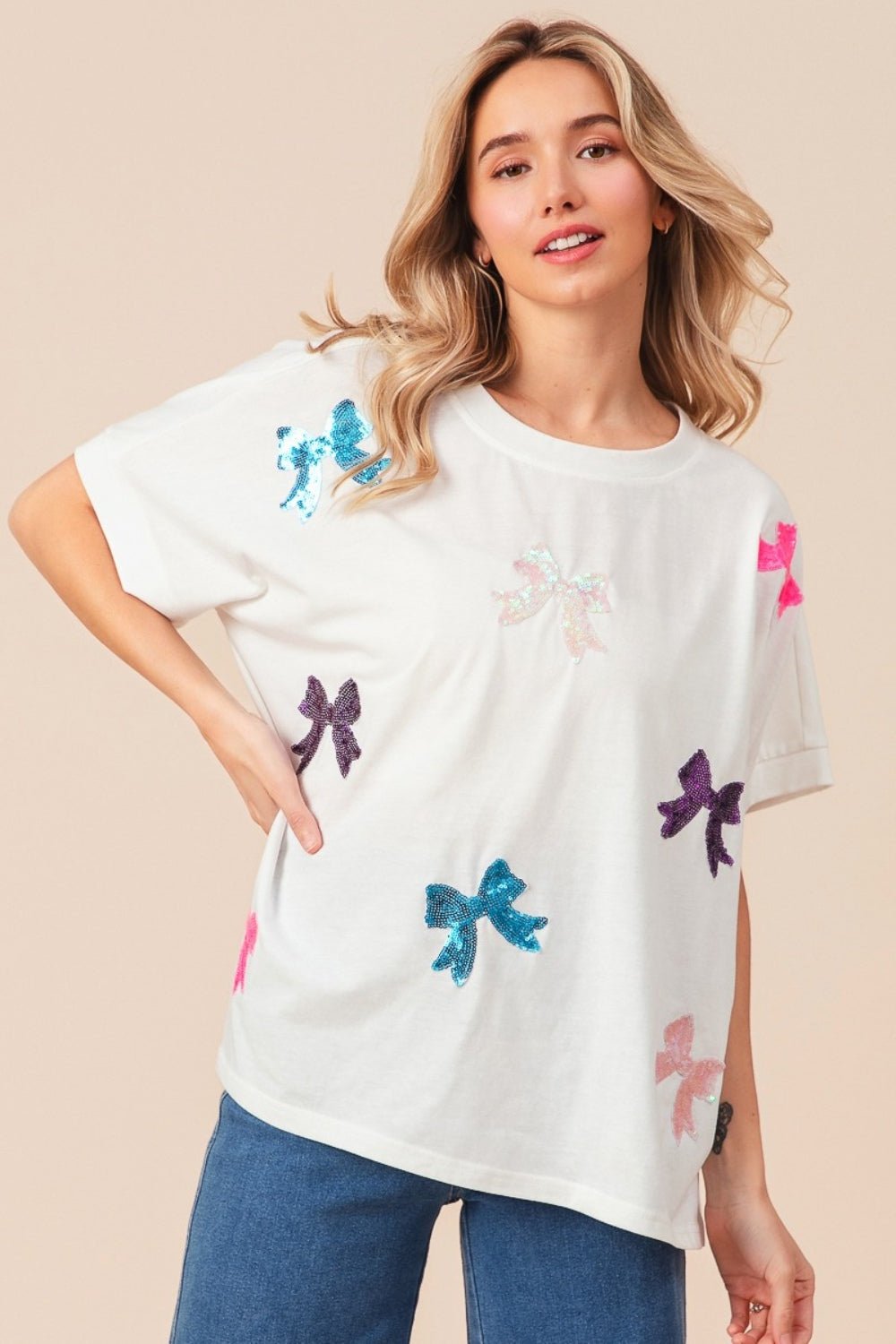 BiBi Sequin Bow Patch Short Sleeve T-Shirt - S. M. & Co. T-Shirts