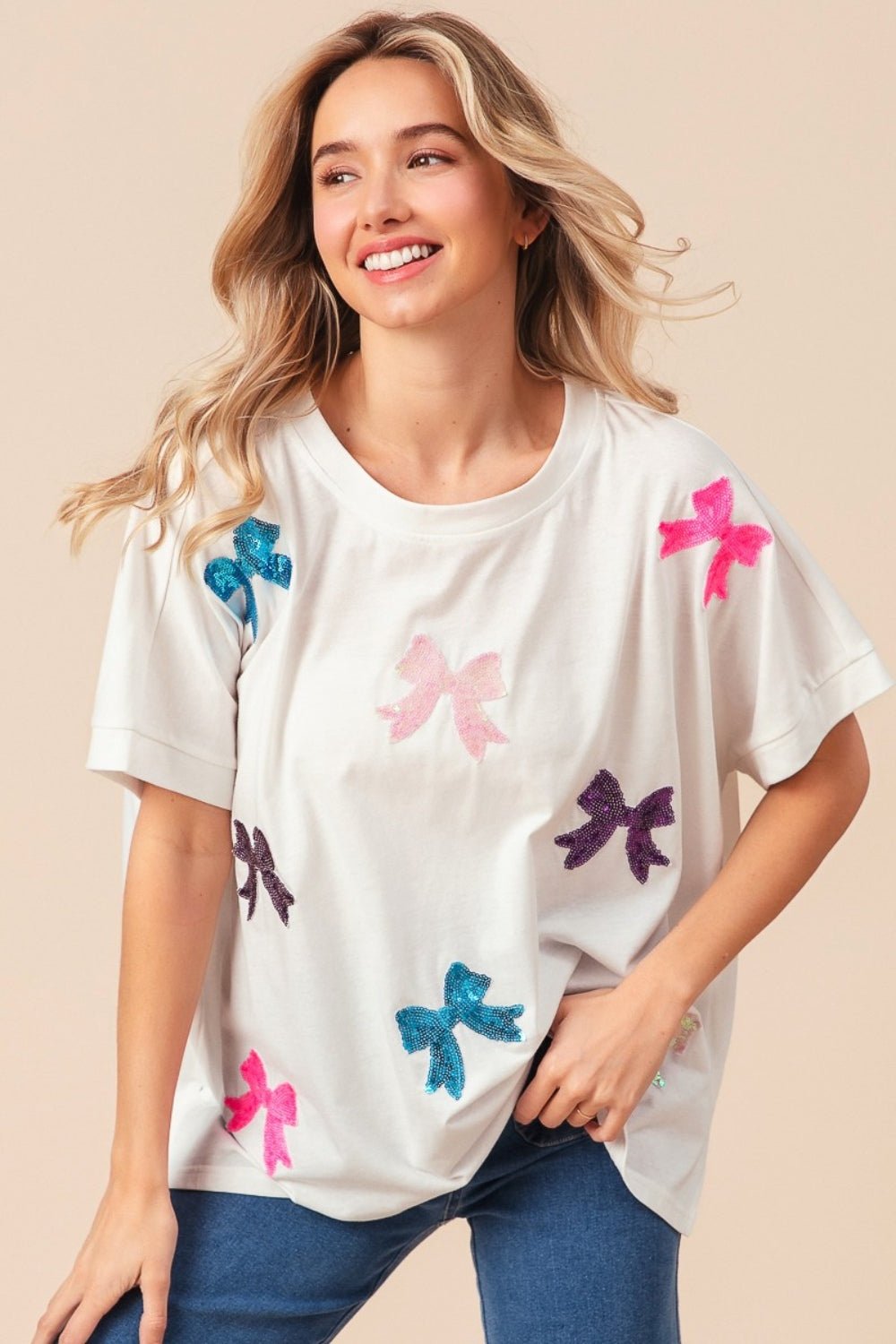 BiBi Sequin Bow Patch Short Sleeve T-Shirt - S. M. & Co. T-Shirts