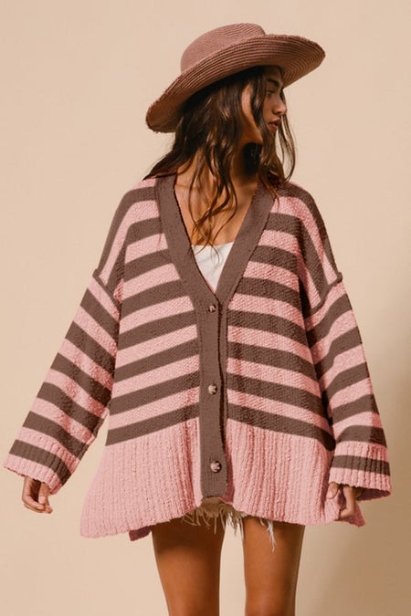 BiBi Slit Striped V - Neck Button Up Cardigan - S. M. & Co.