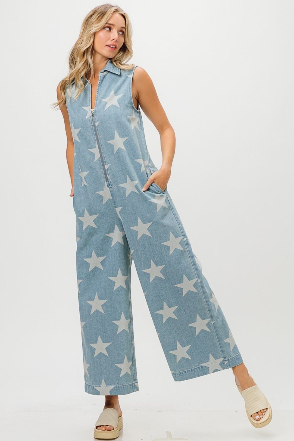 BiBi Star Print Half Zip Sleeveless Denim Jumpsuit - S. M. & Co. Jumpsuit