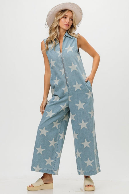 BiBi Star Print Half Zip Sleeveless Denim Jumpsuit - S. M. & Co. Jumpsuit