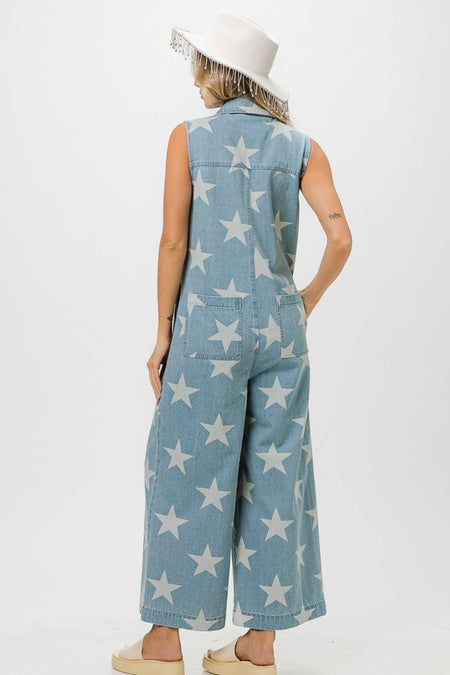 BiBi Star Print Half Zip Sleeveless Denim Jumpsuit - S. M. & Co. Jumpsuit