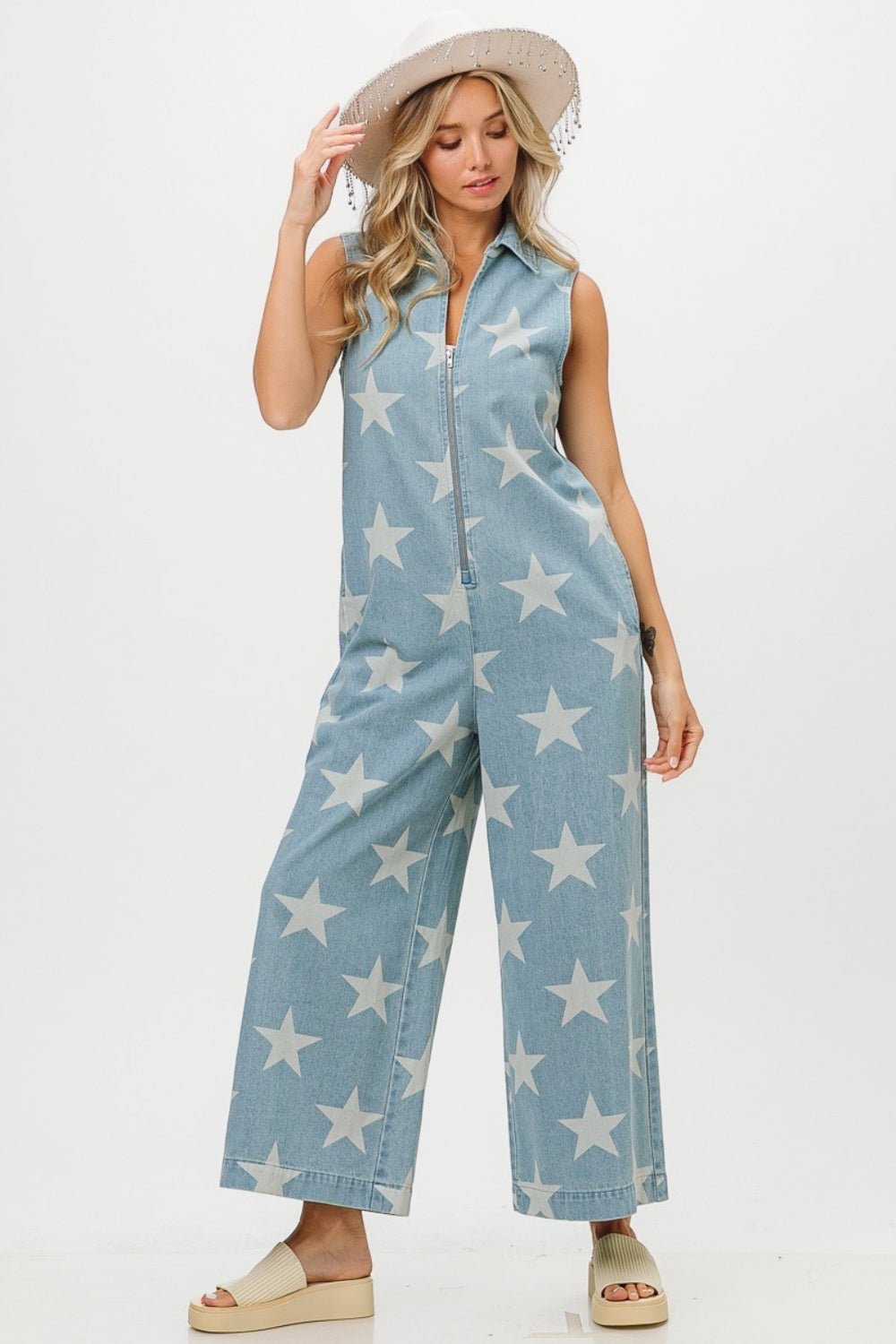 BiBi Star Print Half Zip Sleeveless Denim Jumpsuit - S. M. & Co. Jumpsuit