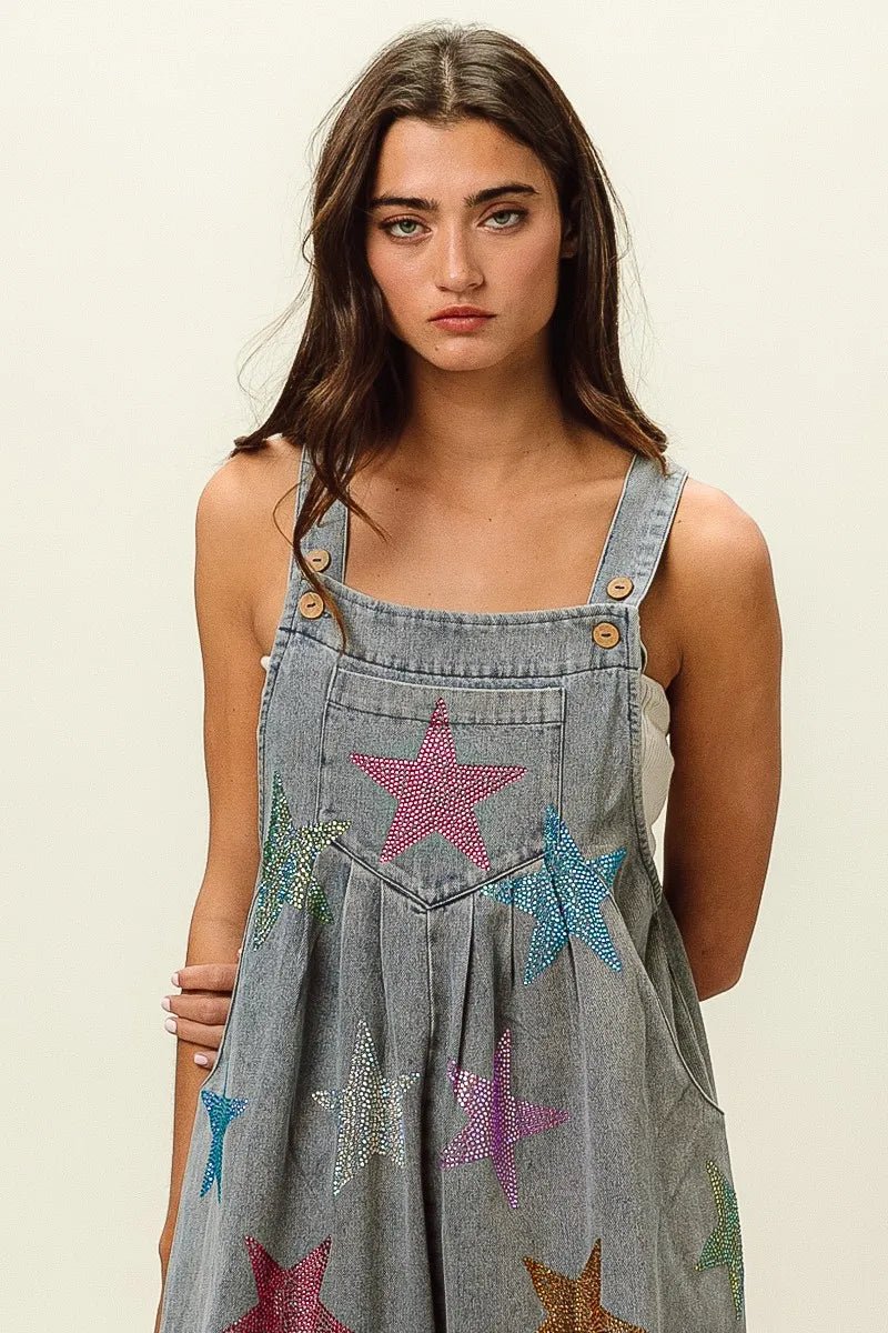 BiBi Star Rhinestone Washed Wide Leg Shortalls - S. M. & Co.
