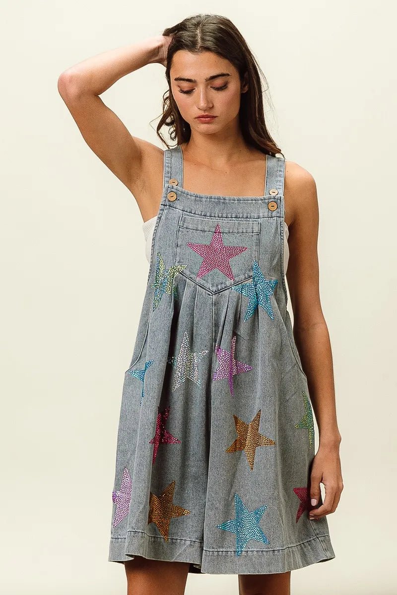 BiBi Star Rhinestone Washed Wide Leg Shortalls - S. M. & Co.