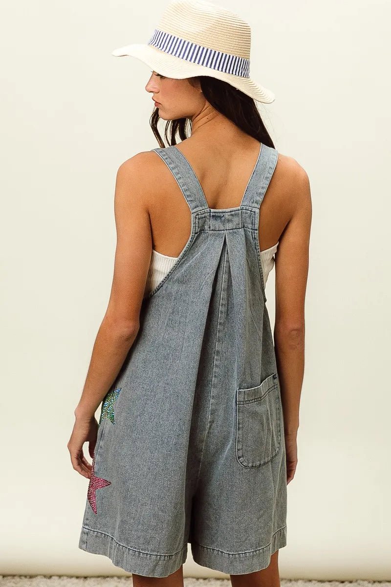 BiBi Star Rhinestone Washed Wide Leg Shortalls - S. M. & Co.