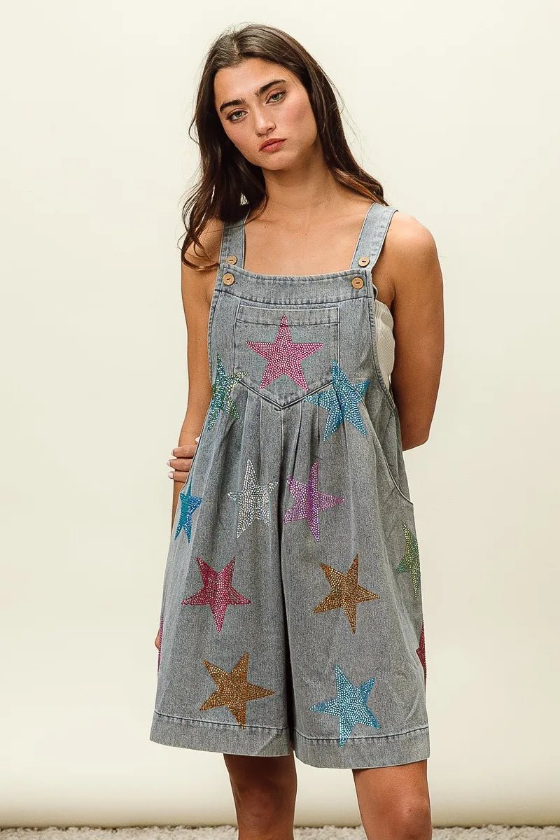BiBi Star Rhinestone Washed Wide Leg Shortalls - S. M. & Co.