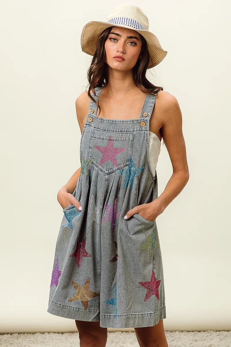 BiBi Star Rhinestone Washed Wide Leg Shortalls - S. M. & Co.