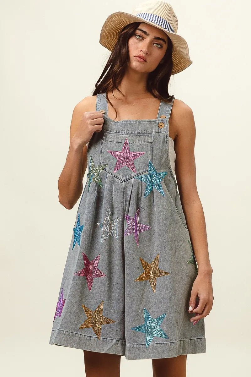 BiBi Star Rhinestone Washed Wide Leg Shortalls - S. M. & Co.