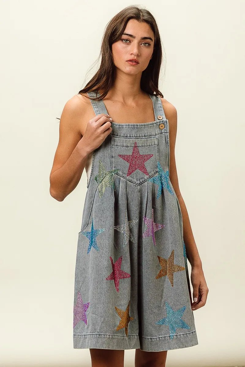 BiBi Star Rhinestone Washed Wide Leg Shortalls - S. M. & Co.