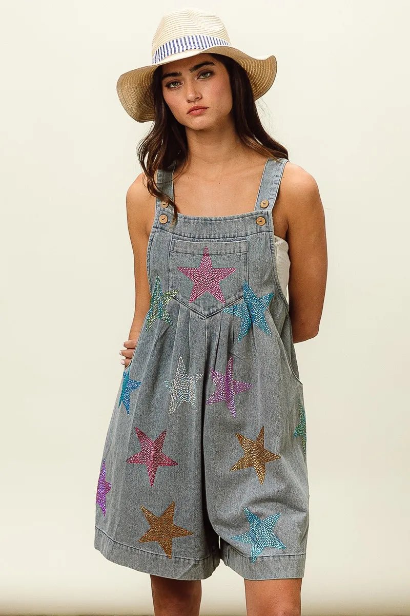 BiBi Star Rhinestone Washed Wide Leg Shortalls - S. M. & Co.