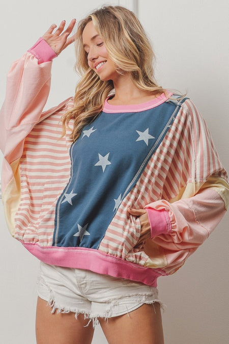 BiBi Stars and Stripes Round Neck Long Sleeve Top - S. M. & Co.