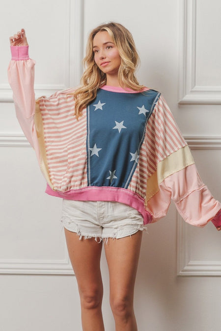 BiBi Stars and Stripes Round Neck Long Sleeve Top - S. M. & Co.