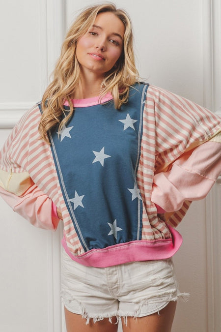 BiBi Stars and Stripes Round Neck Long Sleeve Top - S. M. & Co.