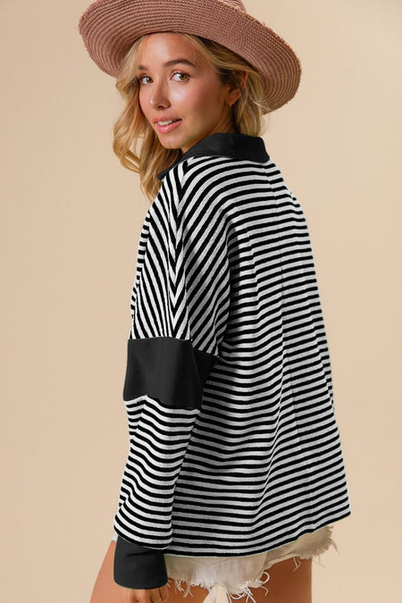 BiBi Striped Contrast Long Sleeve Knit Top - S. M. & Co. T-Shirts