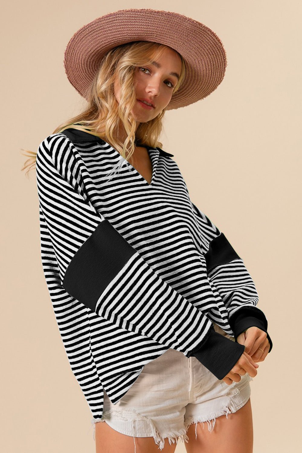 BiBi Striped Contrast Long Sleeve Knit Top - S. M. & Co. T-Shirts