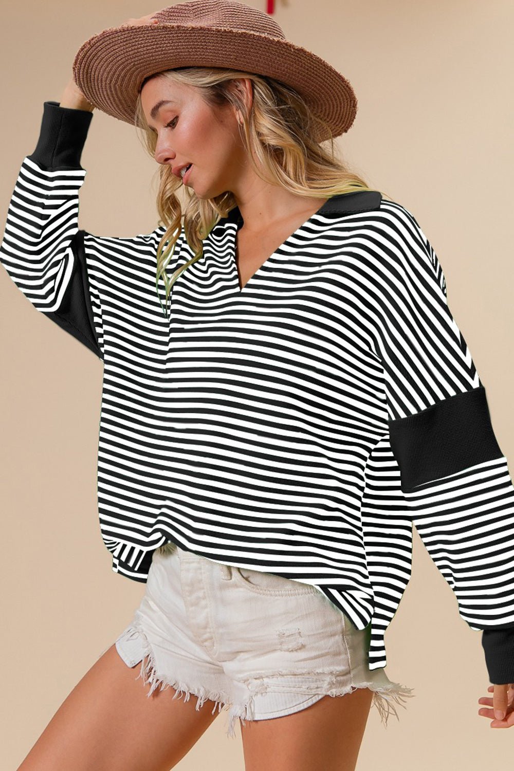 BiBi Striped Contrast Long Sleeve Knit Top - S. M. & Co. T-Shirts