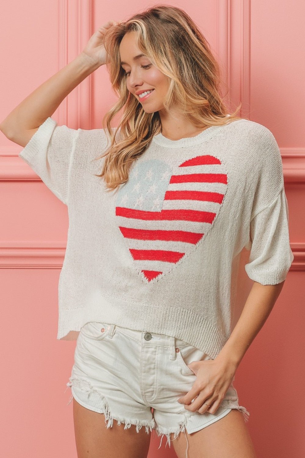 BiBi Striped Heart Contrast Knit Top - S. M. & Co. Tops/Blouses & Shirts