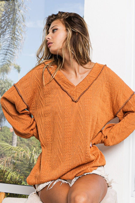 BiBi Textured Exposed Seam Drop Shoulder Knit Top - S. M. & Co. Shirts & Tops