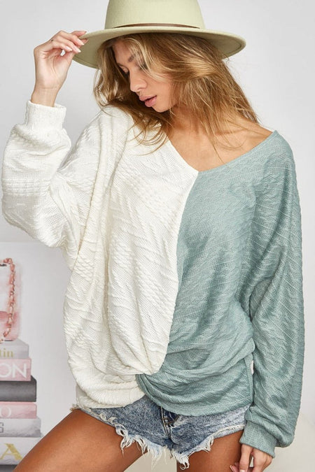 BiBi Twist Front Contrast Cable Knit Top - S. M. & Co.