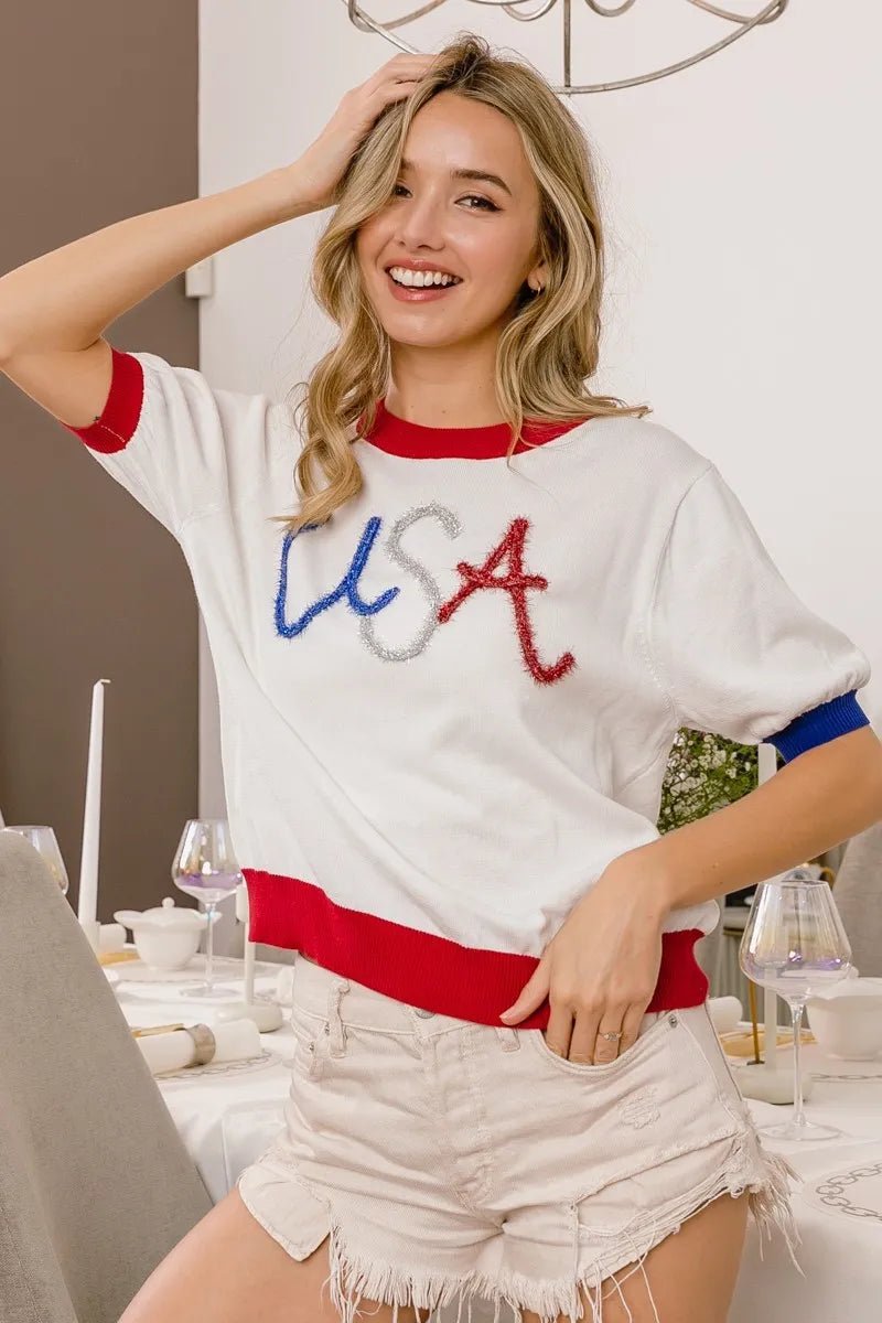 BiBi USA Metallic Letter Color Block Knit Top - S. M. & Co.