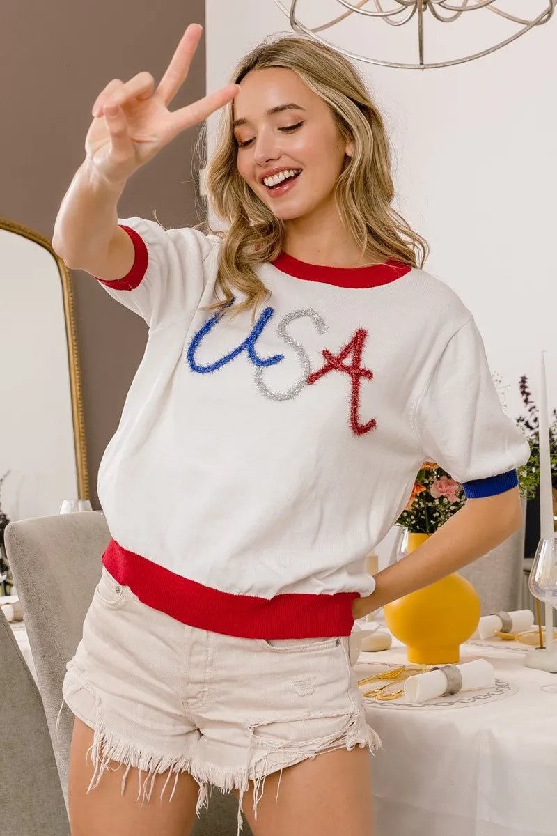 BiBi USA Metallic Letter Color Block Knit Top - S. M. & Co.