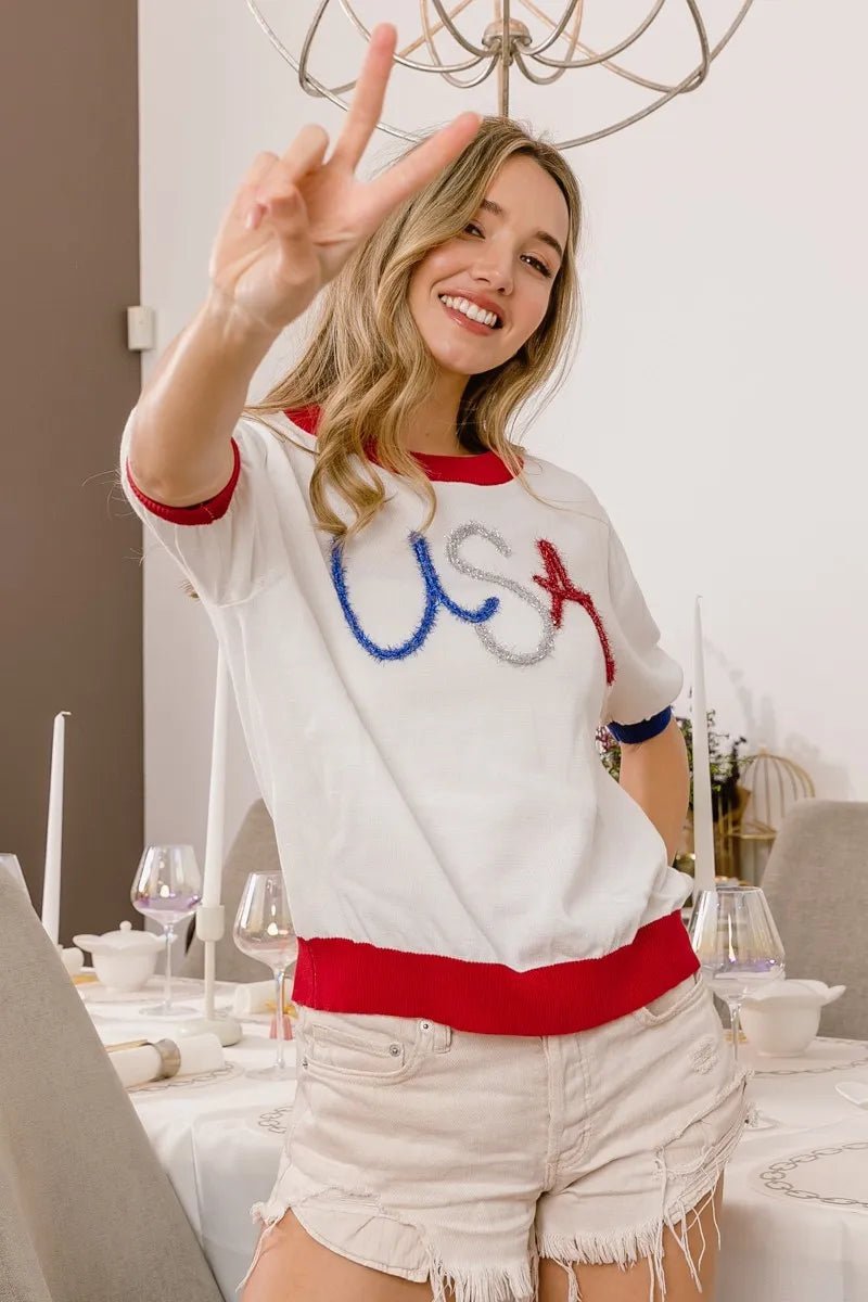 BiBi USA Metallic Letter Color Block Knit Top - S. M. & Co.