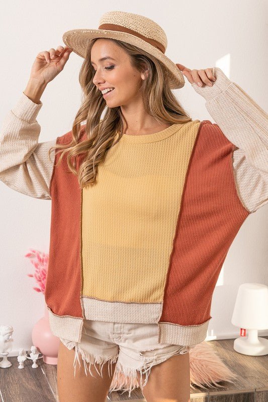 BiBi Waffle - Knit Exposed Seam Color Block Uneven Hem Top - S. M. & Co.