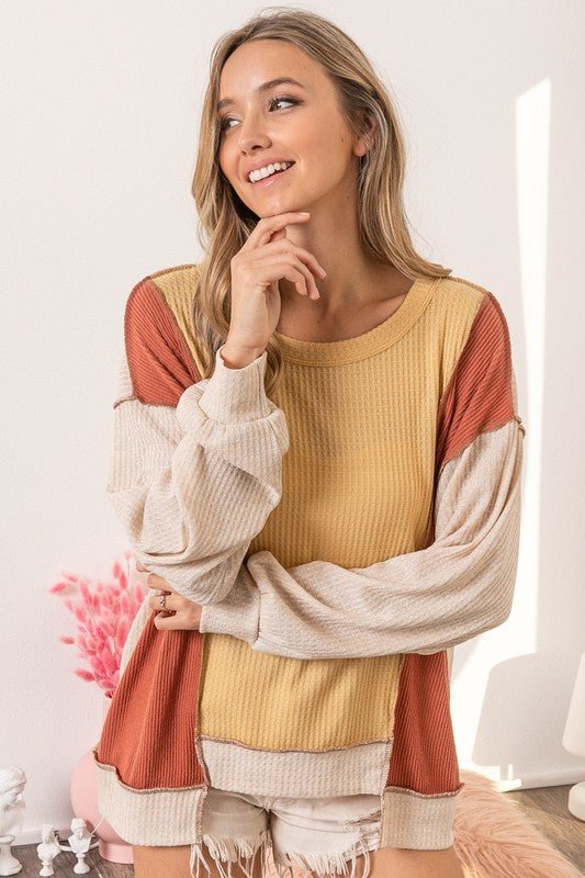 BiBi Waffle - Knit Exposed Seam Color Block Uneven Hem Top - S. M. & Co.