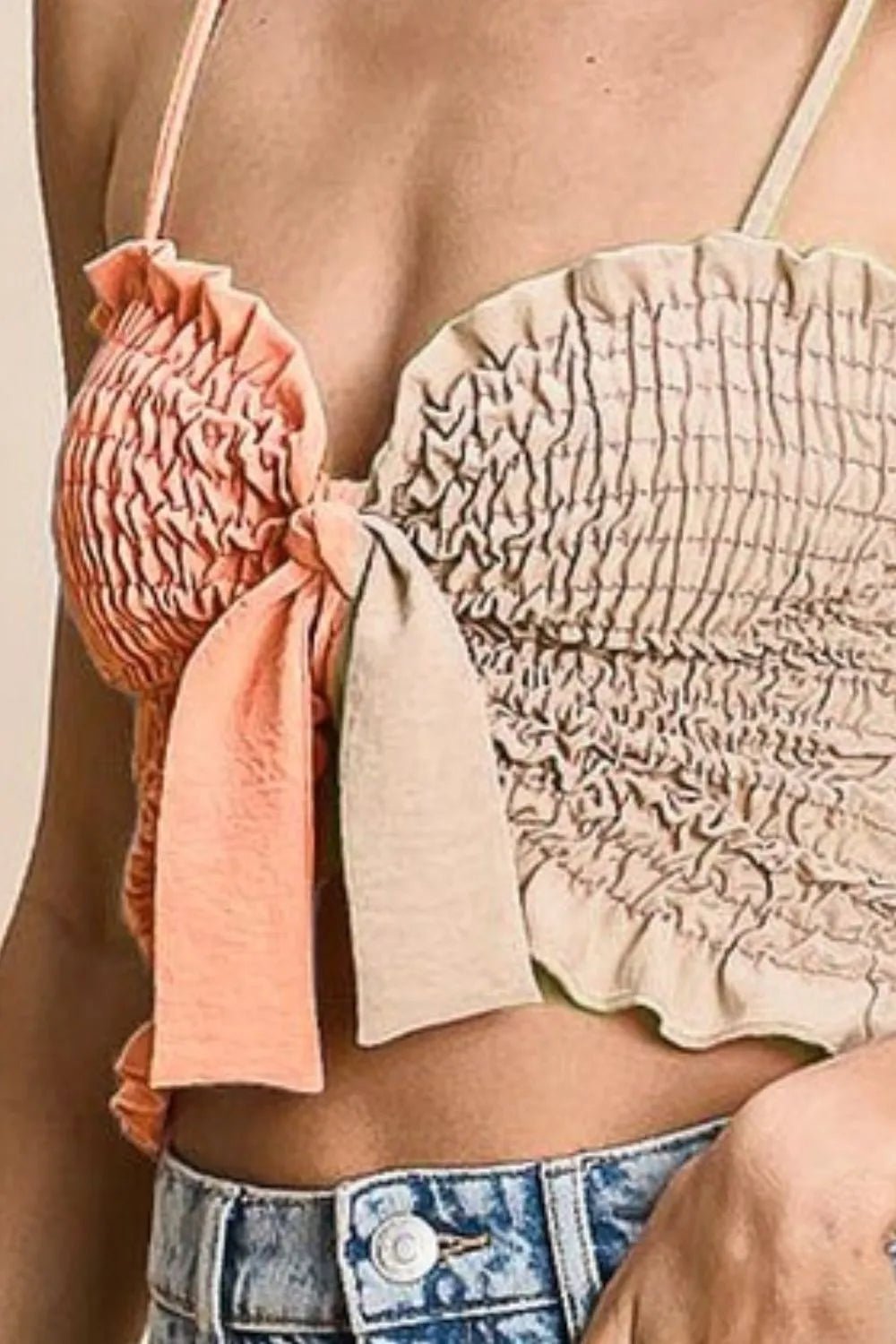 BiBi Woven Color Block Smocked with Ribbon Bra Top - S. M. & Co.