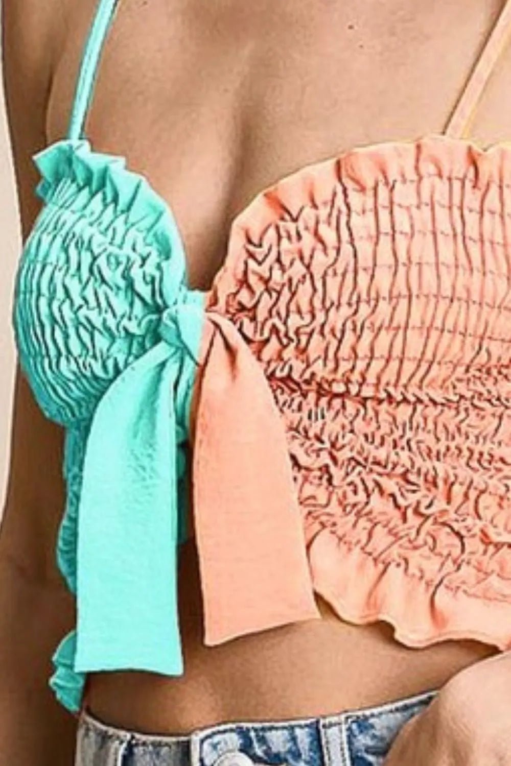 BiBi Woven Color Block Smocked with Ribbon Bra Top - S. M. & Co.