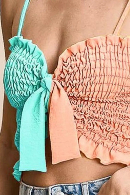 BiBi Woven Color Block Smocked with Ribbon Bra Top - S. M. & Co.