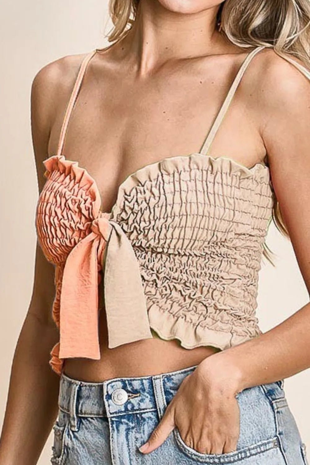 BiBi Woven Color Block Smocked with Ribbon Bra Top - S. M. & Co.