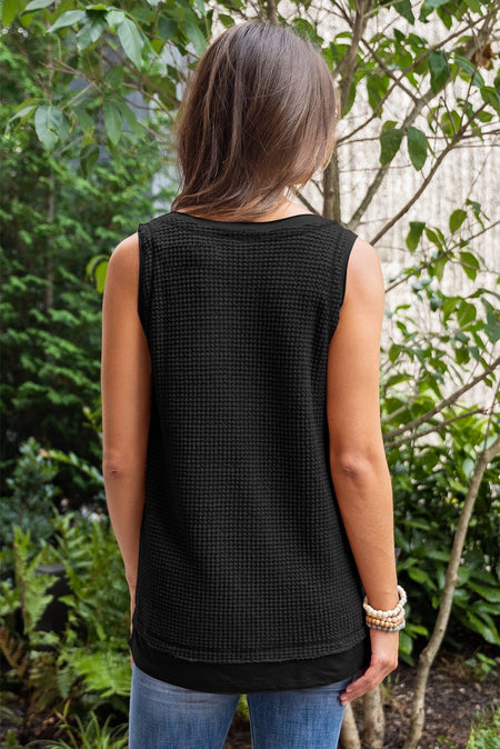 Black Scoop Neck Waffle Knit Flowy Vest - S. M. & Co. Tank Tops