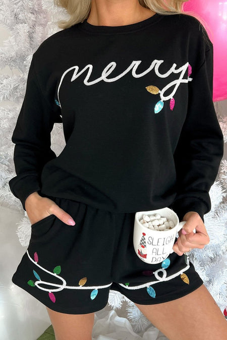 Black Sequin Merry Graphic Pullover and Shorts Outfit - S. M. & Co.