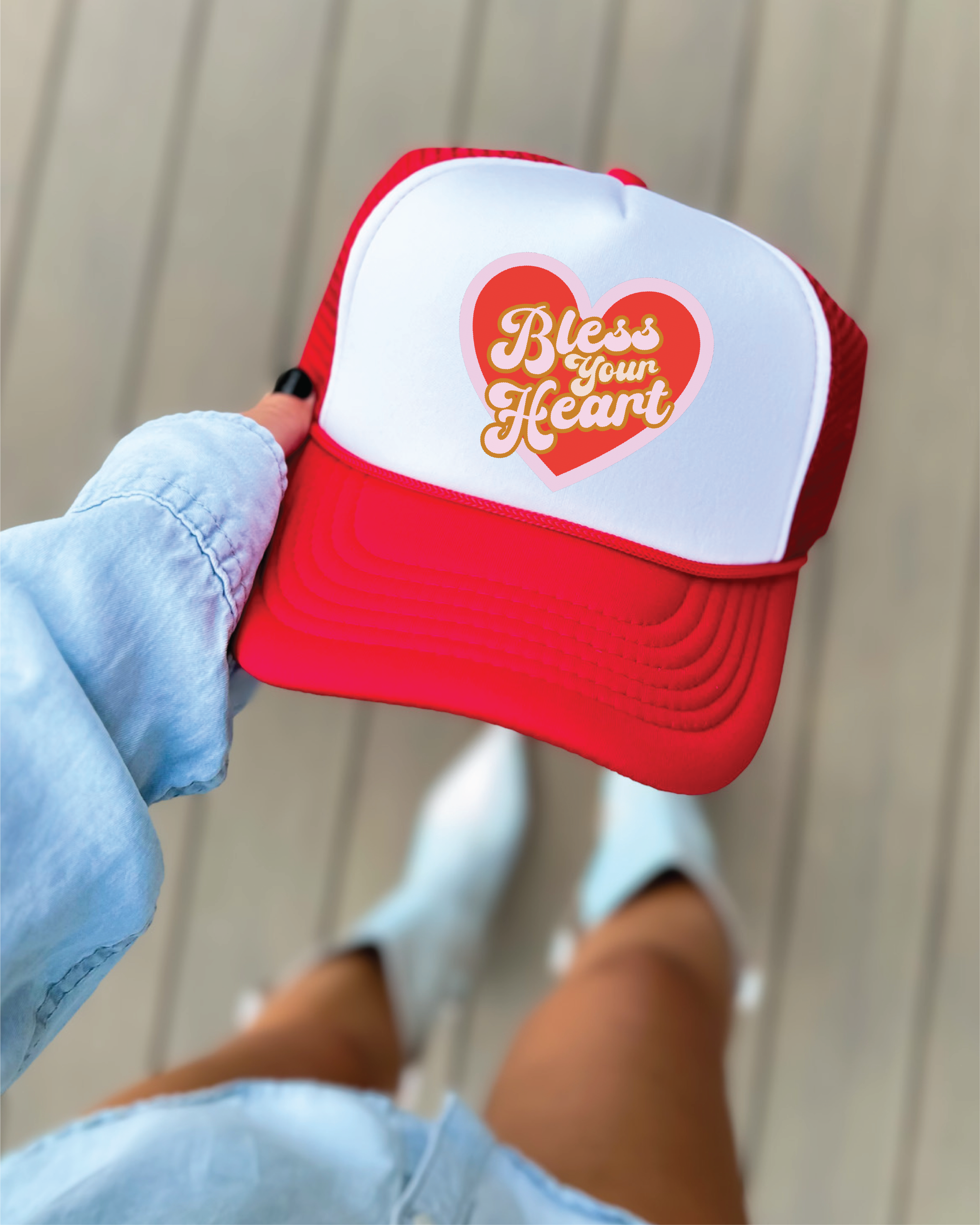 Bless Your Heart DTF Printed Red and White Trucker Hat
