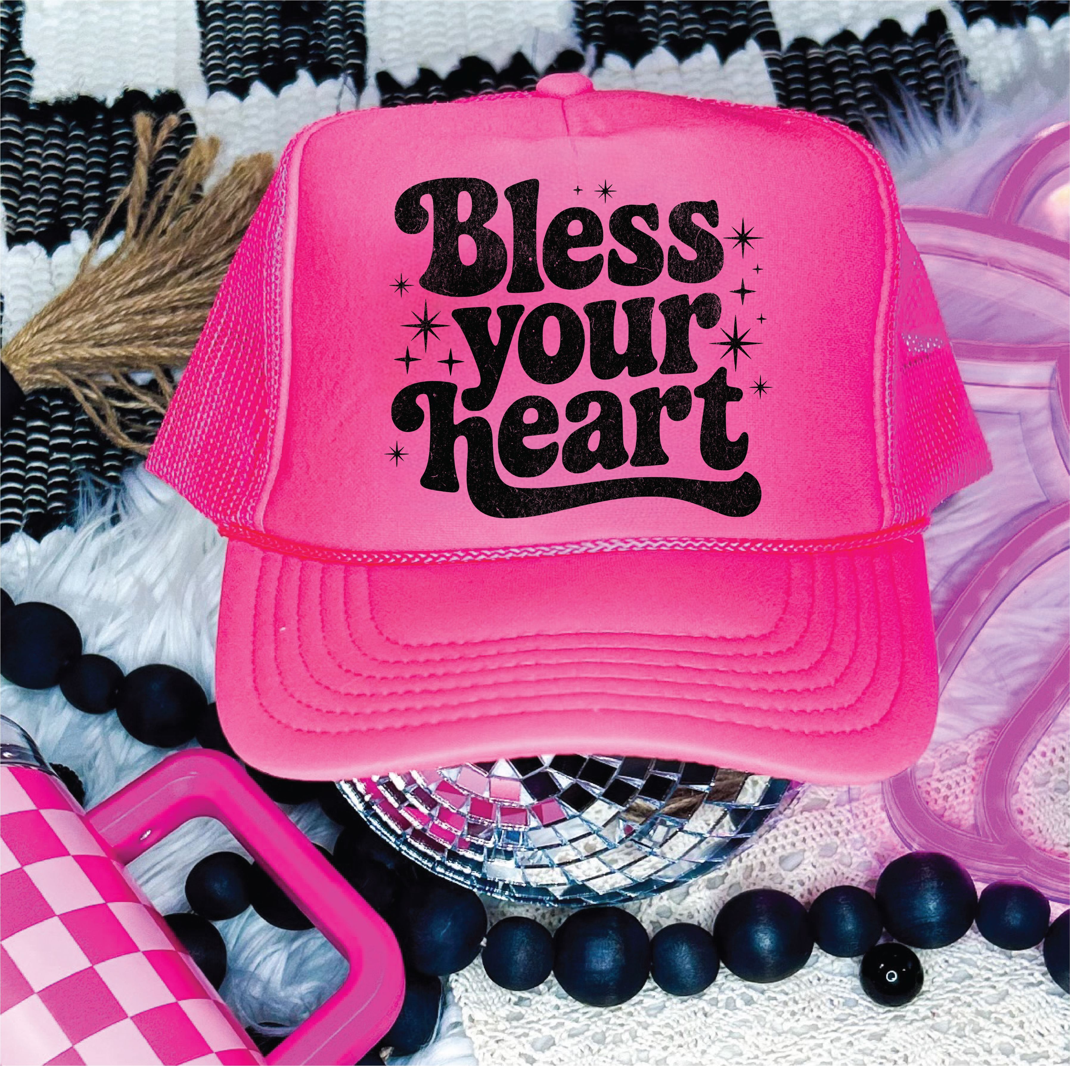 Bless Your Heart DTF Printed Neon Pink Trucker Hat
