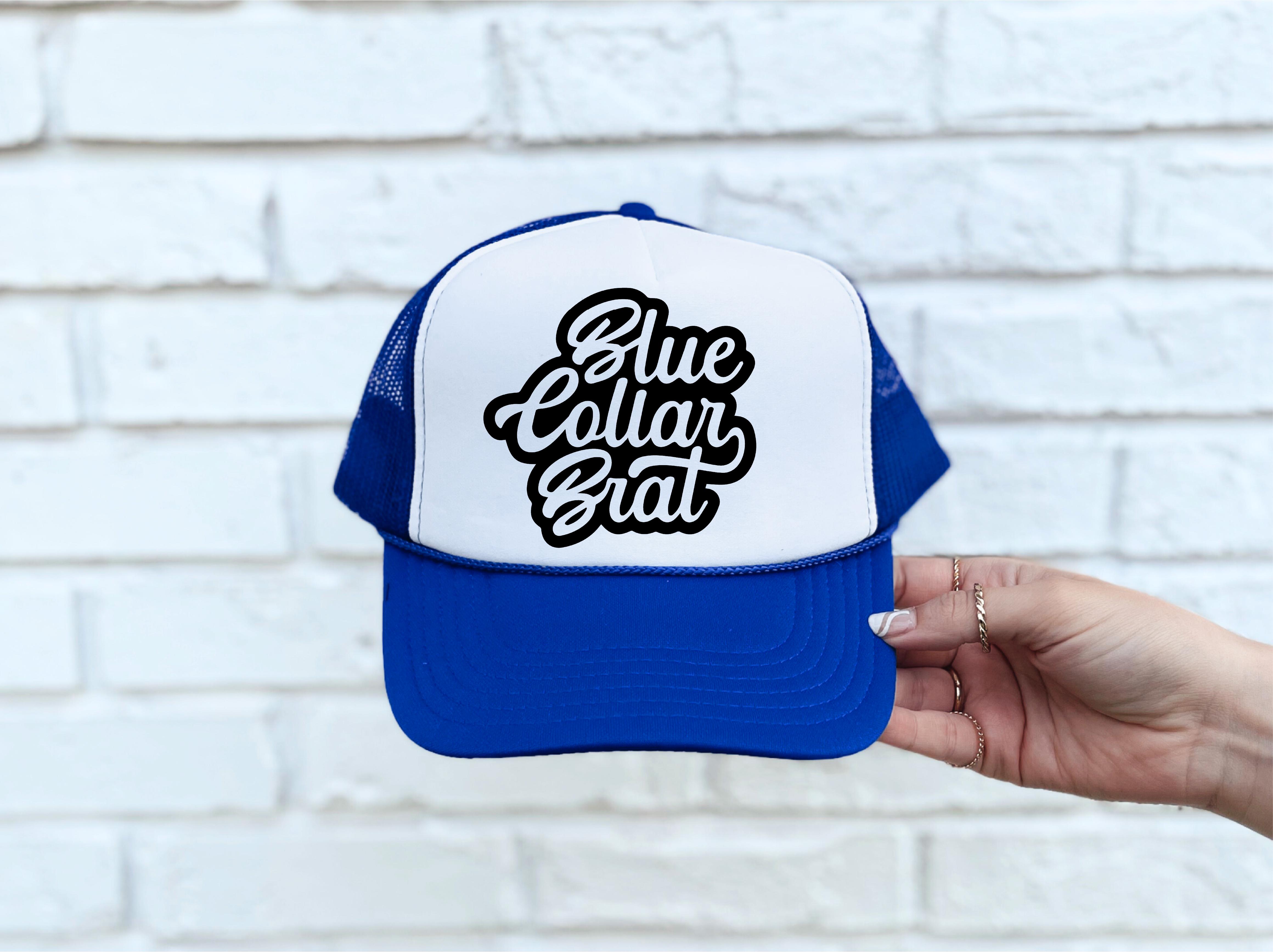 Blue Collar Brat DTF Printed Blue & White Trucker Hat (Copy) (Copy) - S. M. & Co. Shirts & Tops