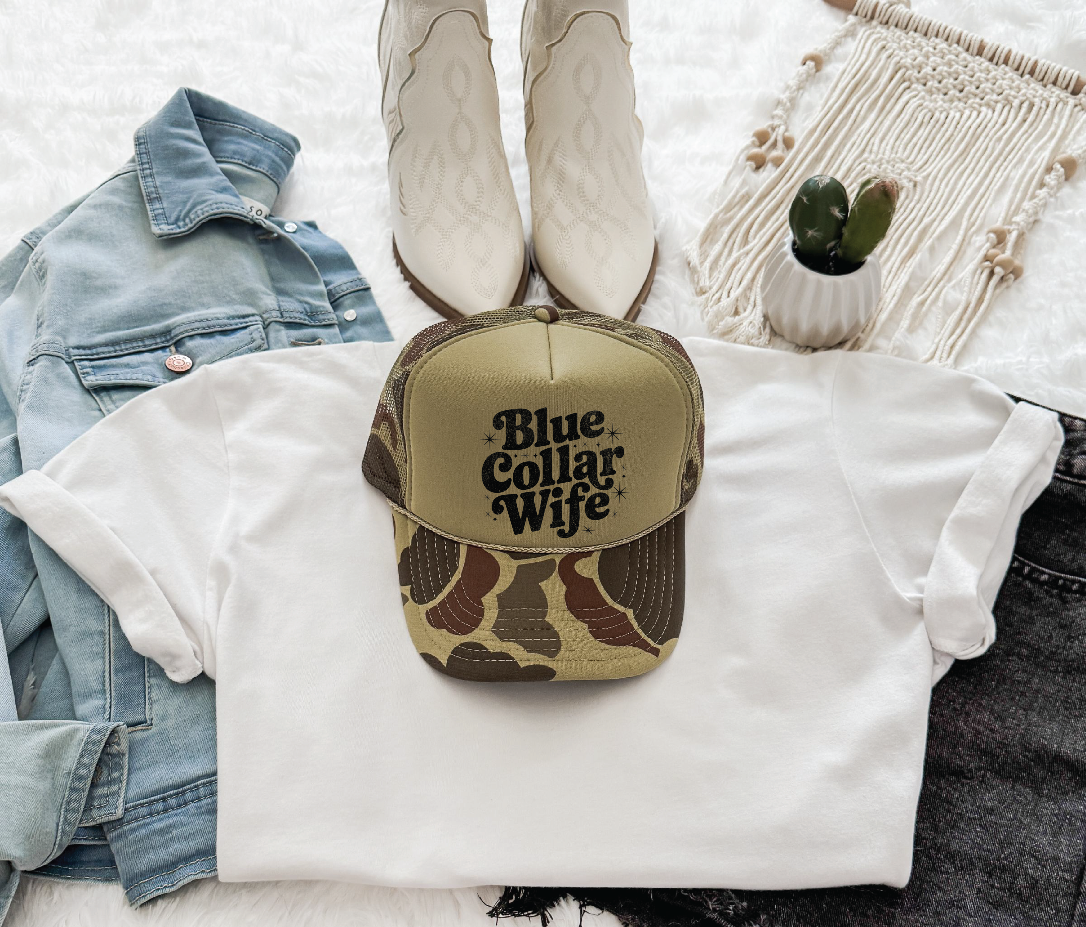 Blue Collar Wife DTF printed on Camo and Olive Foam Trucker Hat
