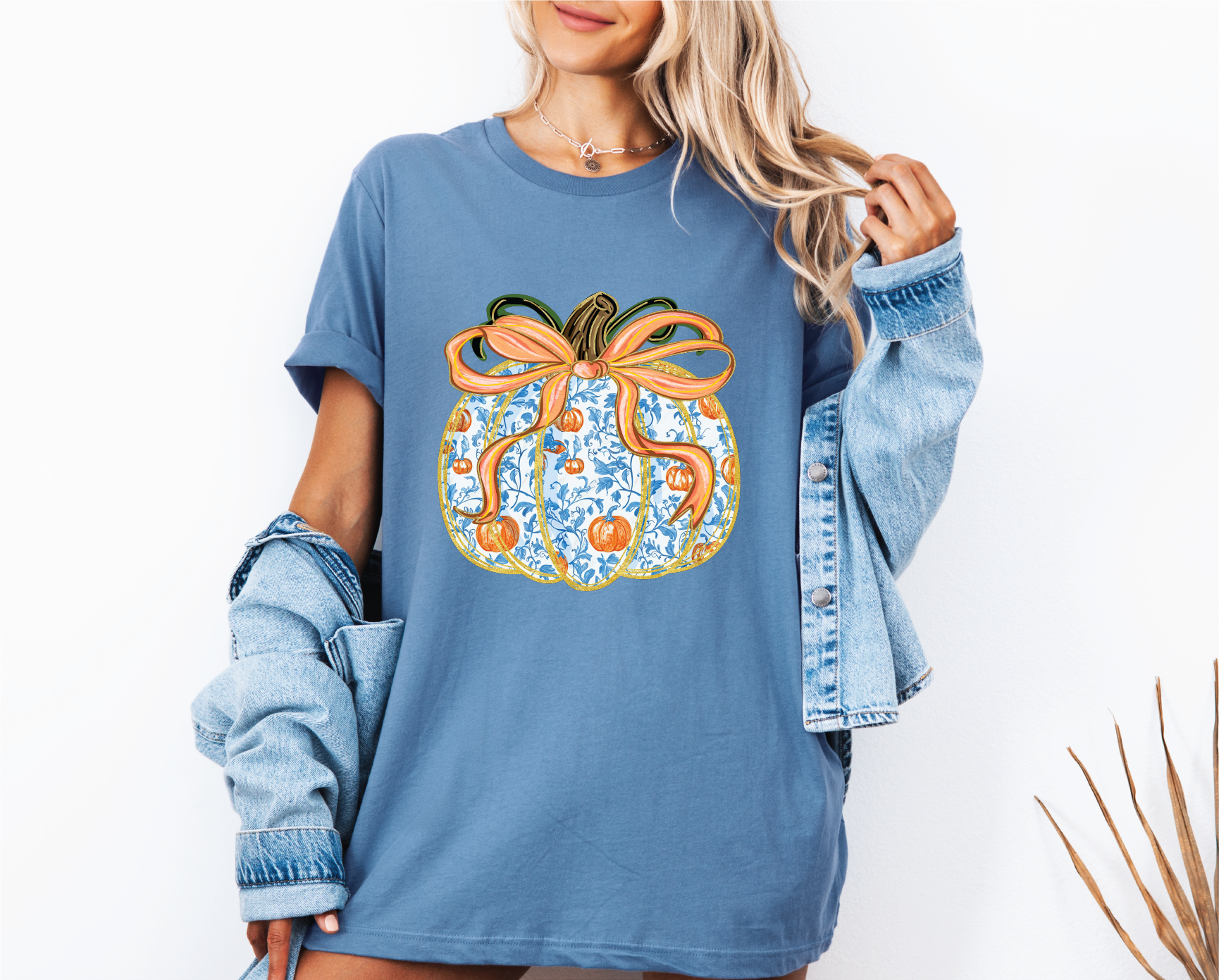 Blue Floral Pumpkin  Fall Graphic T-Shirt