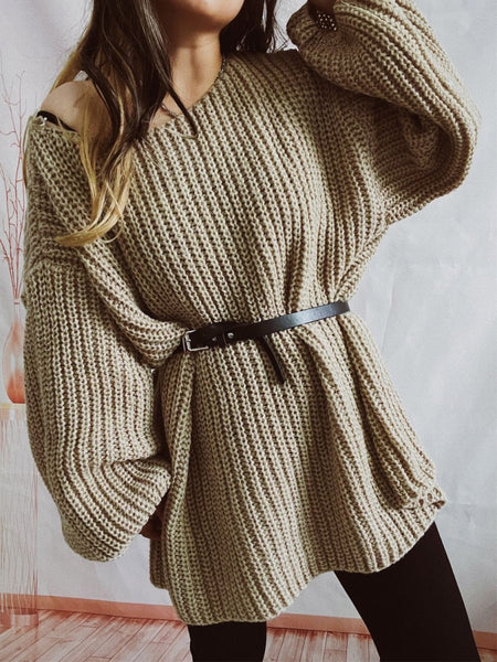 Boat Neck Long Sleeve Sweater with Belt - S. M. & Co.