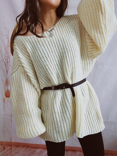 Boat Neck Long Sleeve Sweater with Belt - S. M. & Co.