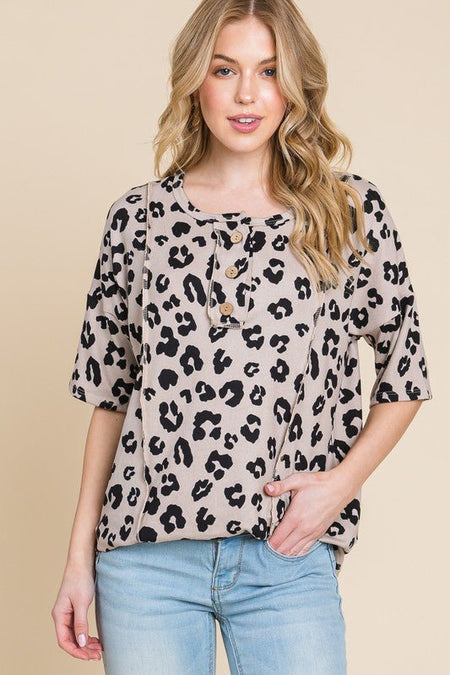 BOMBOM Button Detail Exposed Seam Leopard Half Sleeve Top - S. M. & Co.